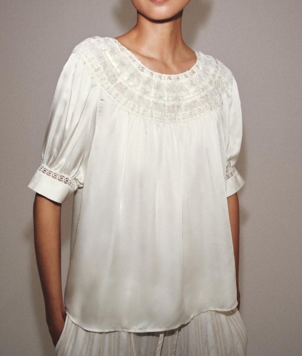 Zara Collection Puff Sleeve Round Neck Romantic Lace Blouse Top Cream Ivory XS